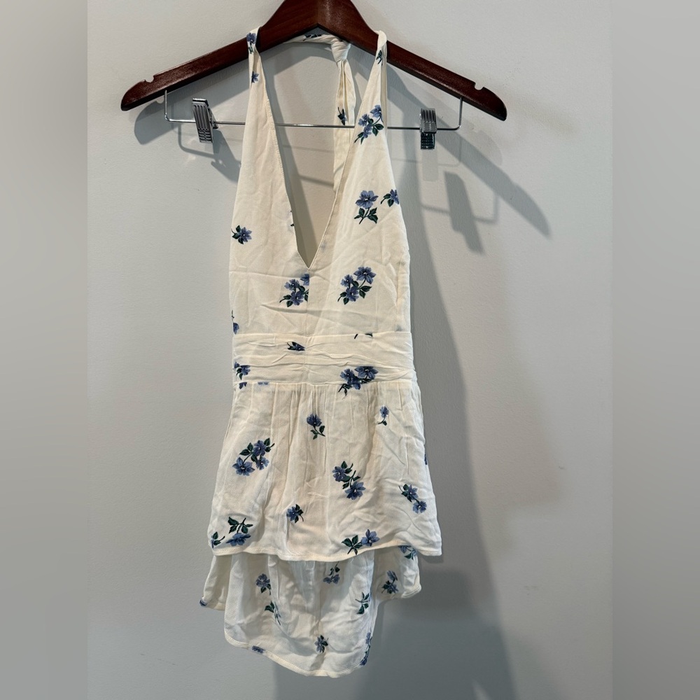 American Eagle Outfitters White and Blue Backless Halter Top Size L
